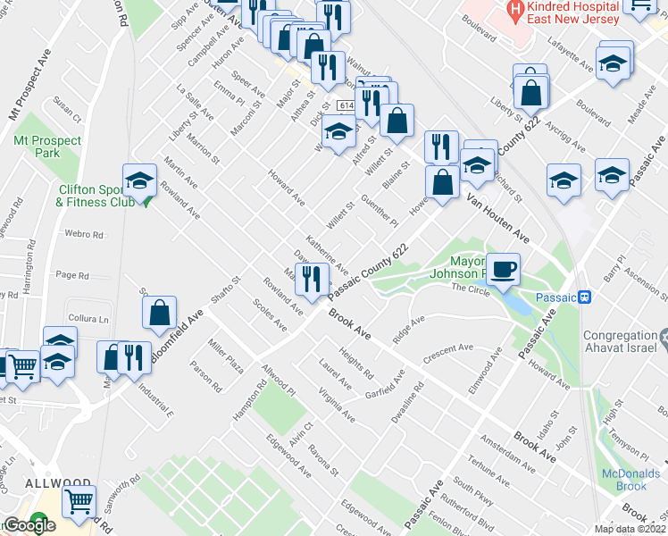 map of restaurants, bars, coffee shops, grocery stores, and more near 21 Katherine Avenue in Passaic