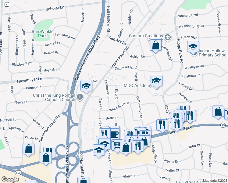 map of restaurants, bars, coffee shops, grocery stores, and more near 6 Eileen Court in Commack