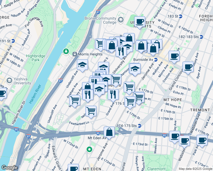 map of restaurants, bars, coffee shops, grocery stores, and more near 164 West Tremont Avenue in The Bronx
