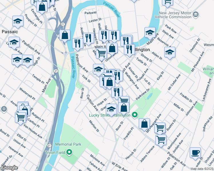 map of restaurants, bars, coffee shops, grocery stores, and more near 131 Paterson Avenue in Wallington