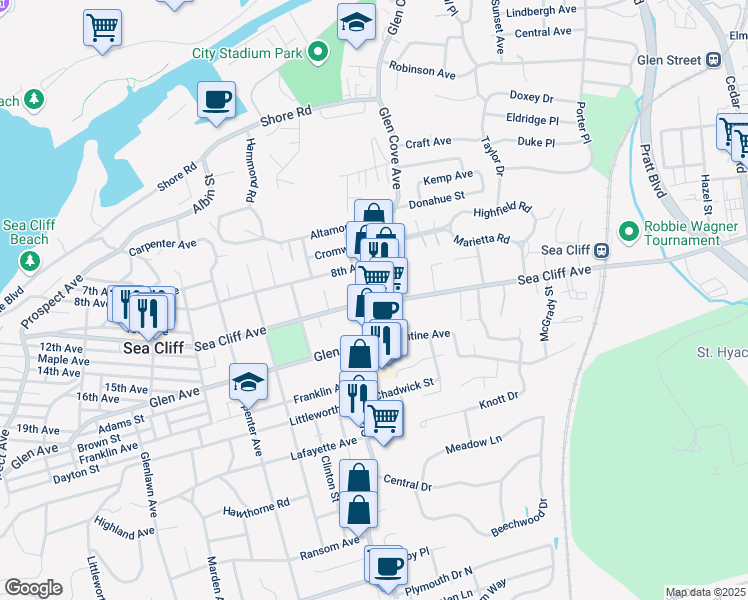 map of restaurants, bars, coffee shops, grocery stores, and more near Sea Cliff Avenue in Glen Cove