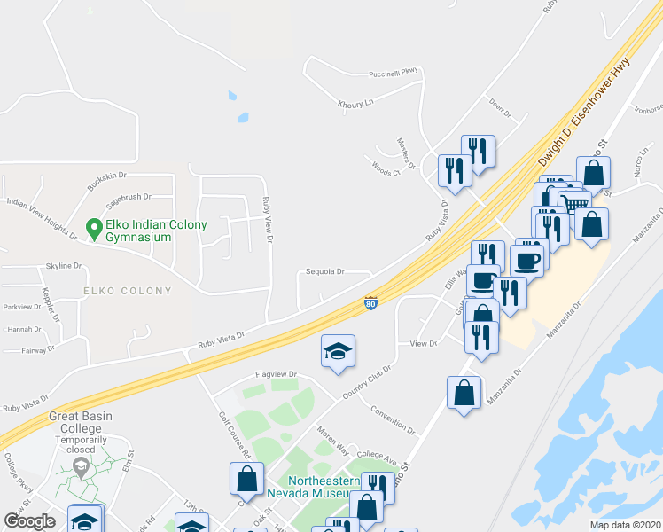 map of restaurants, bars, coffee shops, grocery stores, and more near 1820 Sequoia Dr in Elko