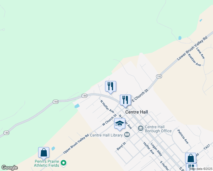 map of restaurants, bars, coffee shops, grocery stores, and more near 111 Water Street in Centre Hall