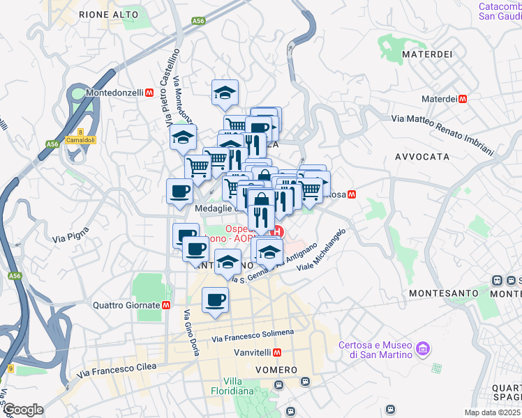 map of restaurants, bars, coffee shops, grocery stores, and more near 35 Piazza delle Medaglie D'Oro in Napoli