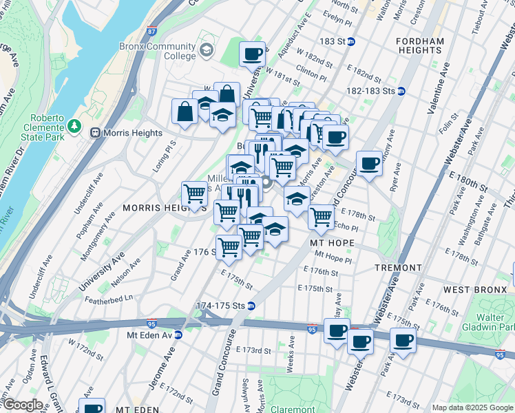 map of restaurants, bars, coffee shops, grocery stores, and more near 1942 Jerome Avenue in The Bronx