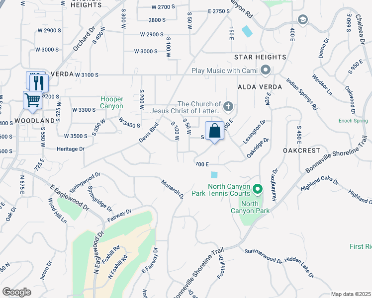 map of restaurants, bars, coffee shops, grocery stores, and more near 68 West 3600 South in Bountiful