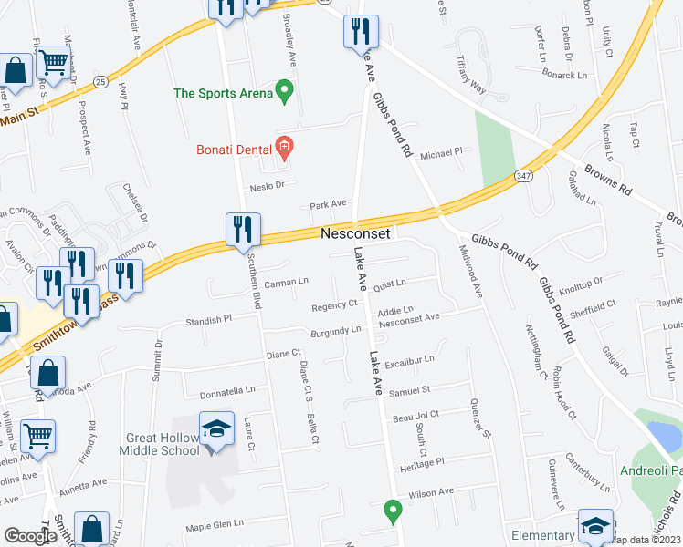 map of restaurants, bars, coffee shops, grocery stores, and more near 7 Short Court in Nesconset