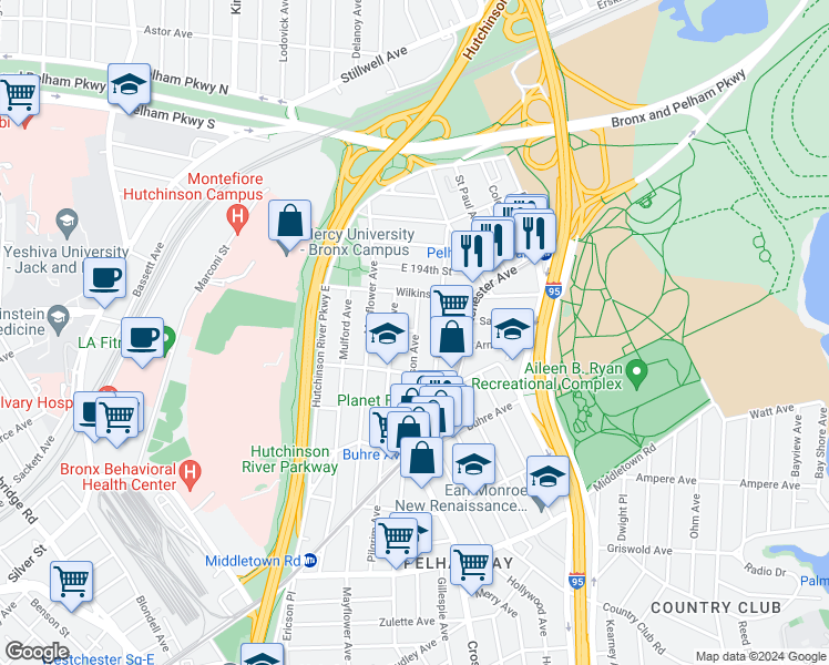 map of restaurants, bars, coffee shops, grocery stores, and more near 1957 Hobart Avenue in Bronx