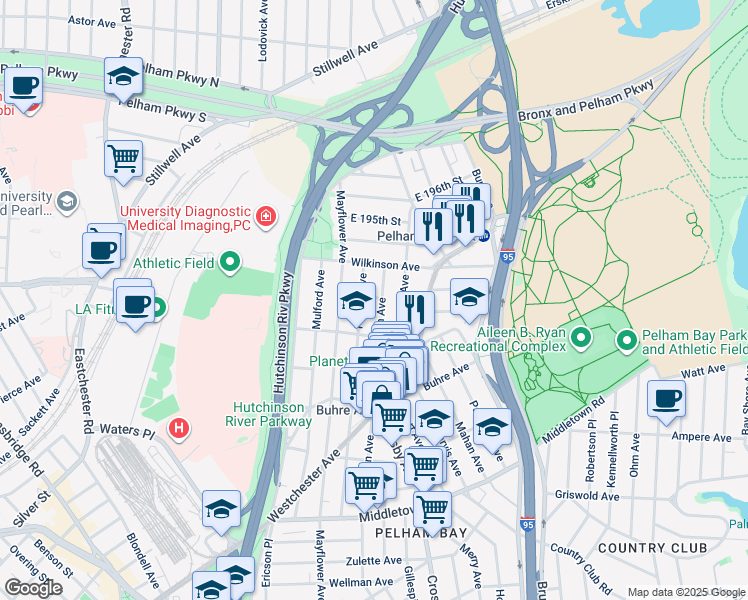 map of restaurants, bars, coffee shops, grocery stores, and more near in The Bronx