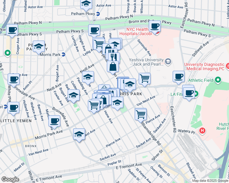 map of restaurants, bars, coffee shops, grocery stores, and more near 1833 Williamsbridge Road in Bronx