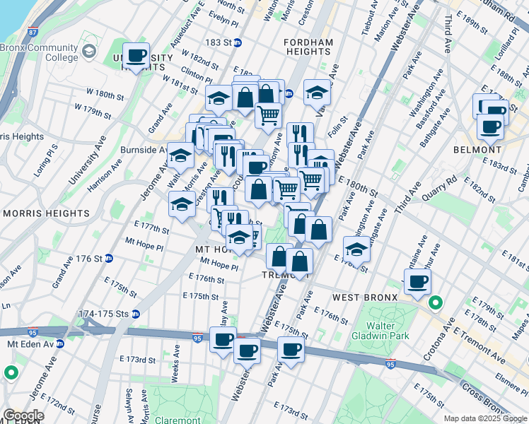 map of restaurants, bars, coffee shops, grocery stores, and more near 270 East Burnside Avenue in Bronx