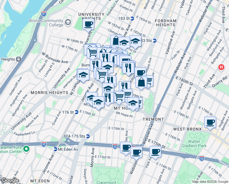 map of restaurants, bars, coffee shops, grocery stores, and more near 1985 Creston Avenue in Bronx