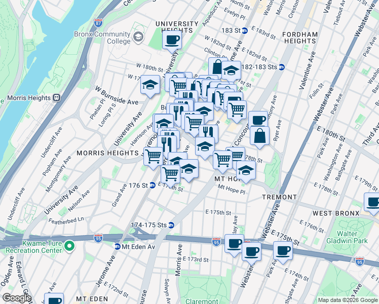 map of restaurants, bars, coffee shops, grocery stores, and more near in The Bronx