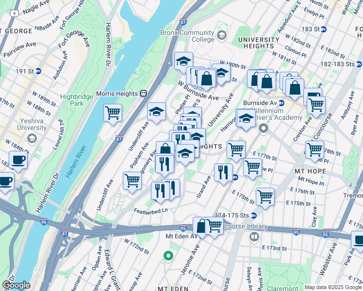 map of restaurants, bars, coffee shops, grocery stores, and more near 1741 Andrews Avenue South in Bronx