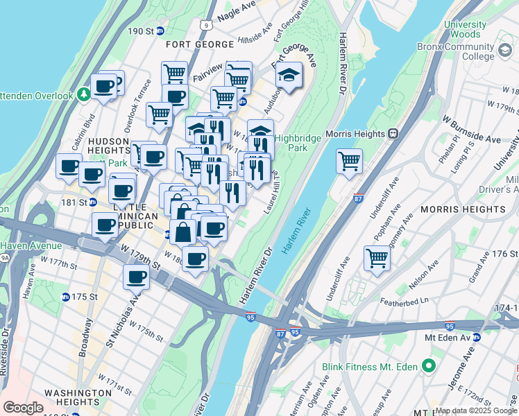 map of restaurants, bars, coffee shops, grocery stores, and more near 100 Laurel Hill Terrace in New York