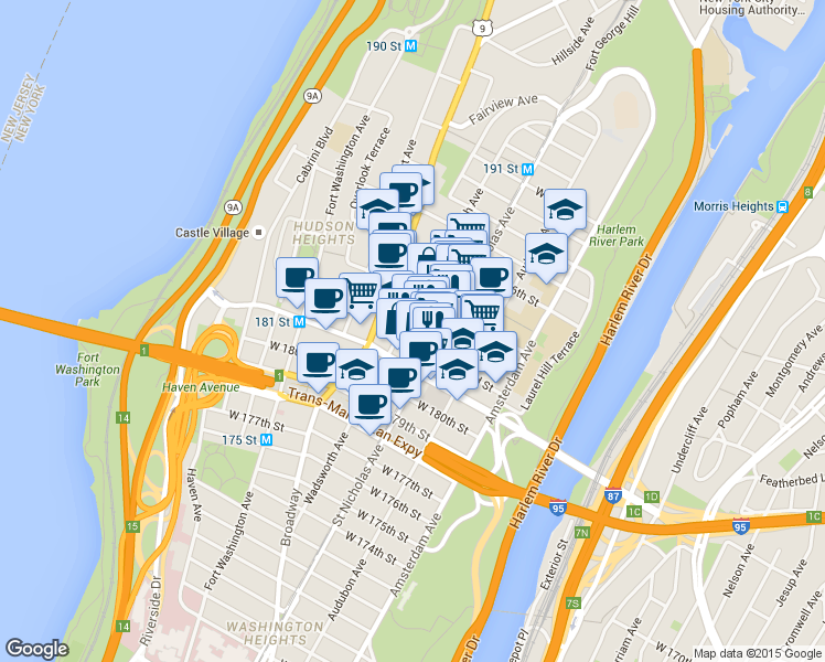 map of restaurants, bars, coffee shops, grocery stores, and more near in New York