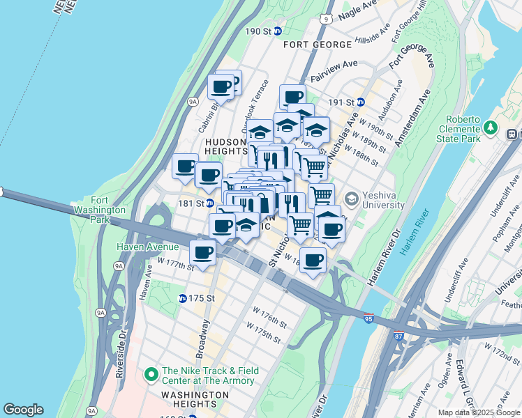 map of restaurants, bars, coffee shops, grocery stores, and more near 177 Wadsworth Avenue in New York
