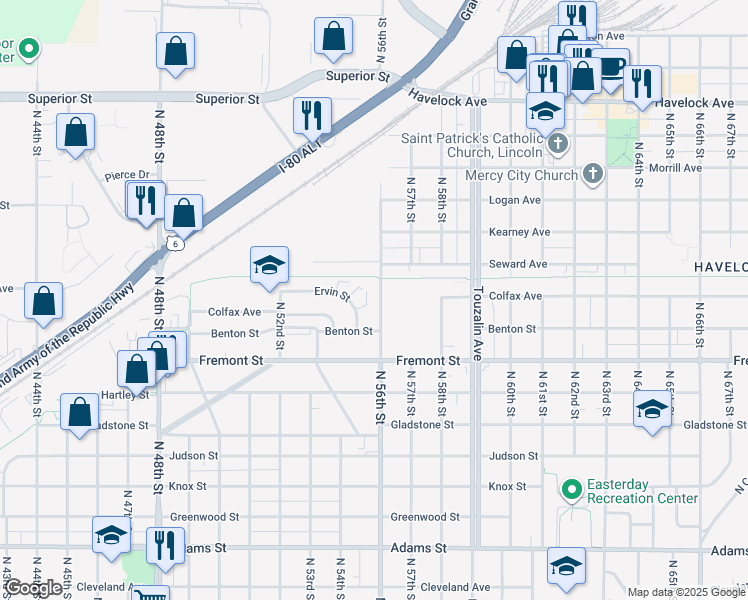 map of restaurants, bars, coffee shops, grocery stores, and more near 5410 Ervin Street in Lincoln