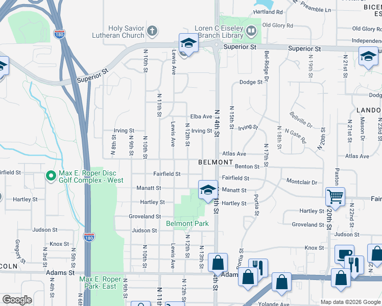 map of restaurants, bars, coffee shops, grocery stores, and more near 3939 North 12th Street in Lincoln