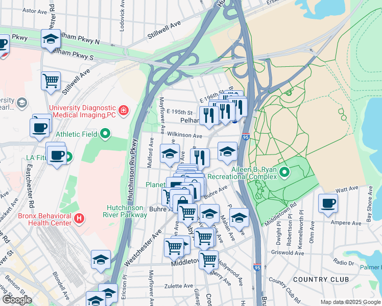 map of restaurants, bars, coffee shops, grocery stores, and more near 1943 Hobart Avenue in The Bronx