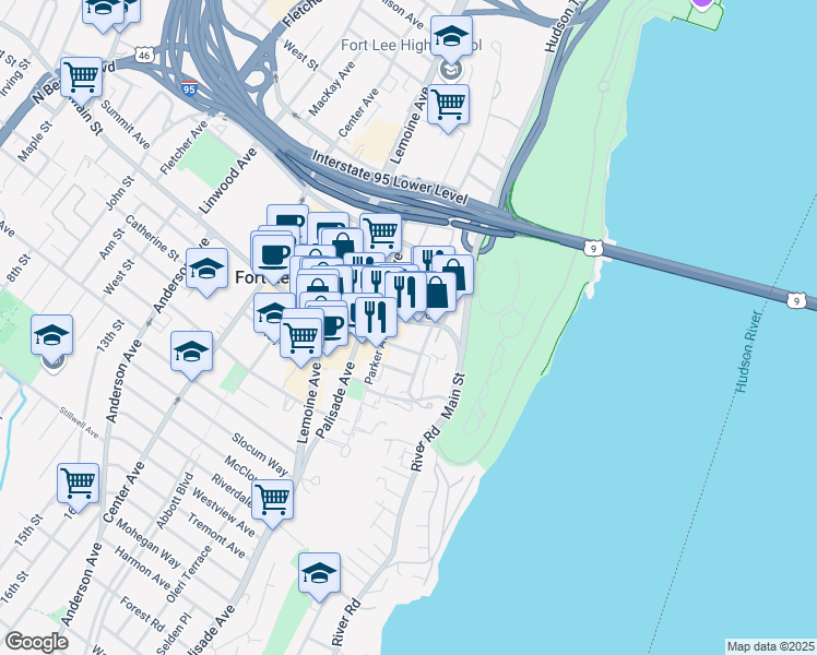 map of restaurants, bars, coffee shops, grocery stores, and more near 2020 Central Road in Fort Lee