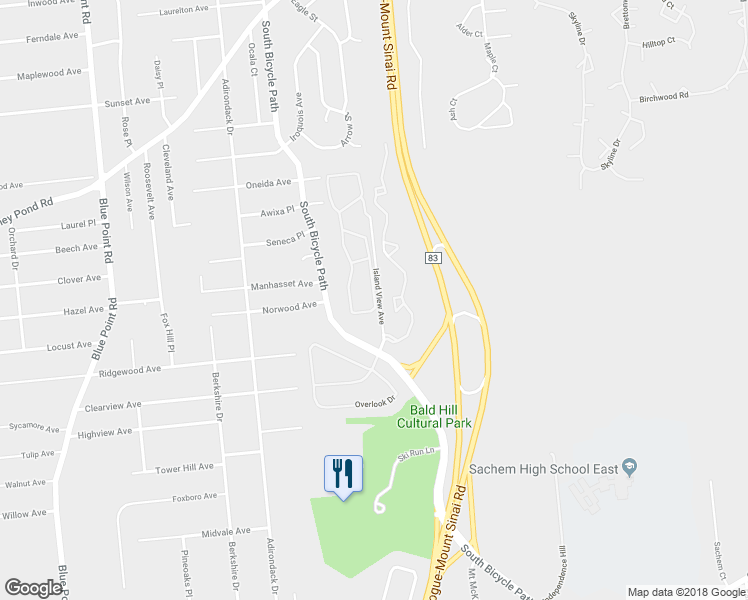 map of restaurants, bars, coffee shops, grocery stores, and more near 102 Horizon View Drive in Farmingville