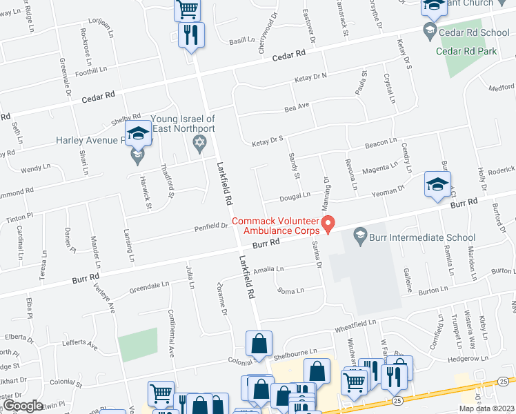 map of restaurants, bars, coffee shops, grocery stores, and more near 11 Tollgate Drive in East Northport