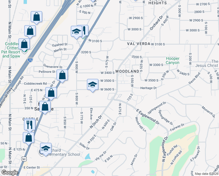 map of restaurants, bars, coffee shops, grocery stores, and more near 652 West 3600 South in Bountiful