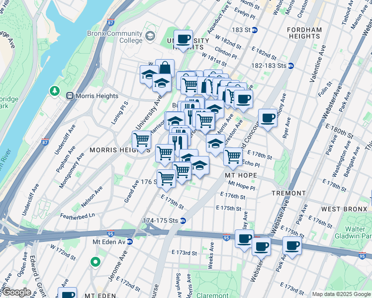 map of restaurants, bars, coffee shops, grocery stores, and more near 1942 Jerome Avenue in The Bronx