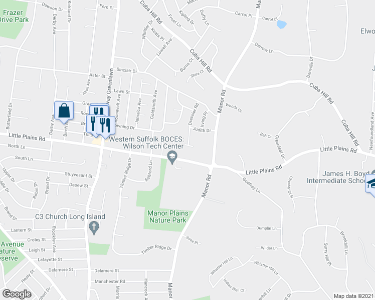 map of restaurants, bars, coffee shops, grocery stores, and more near 32 Dressler Road in Greenlawn
