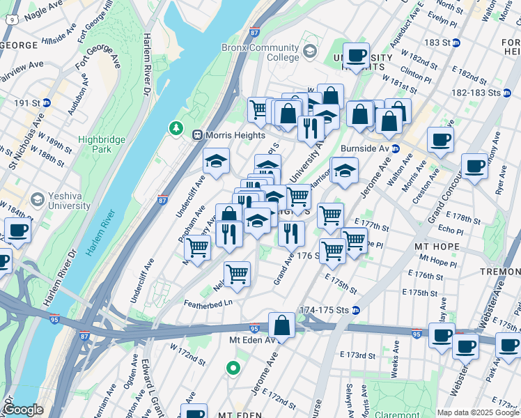 map of restaurants, bars, coffee shops, grocery stores, and more near 164 West Tremont Avenue in The Bronx