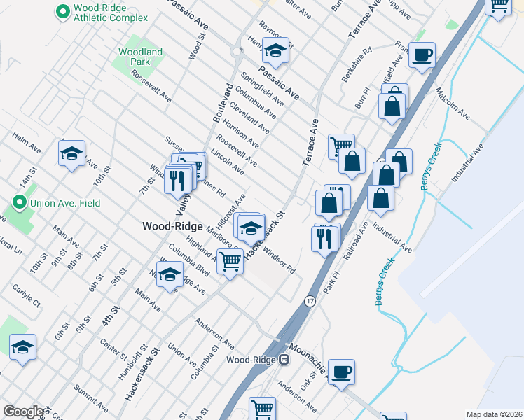 map of restaurants, bars, coffee shops, grocery stores, and more near 476 Sussex Road in Wood-Ridge