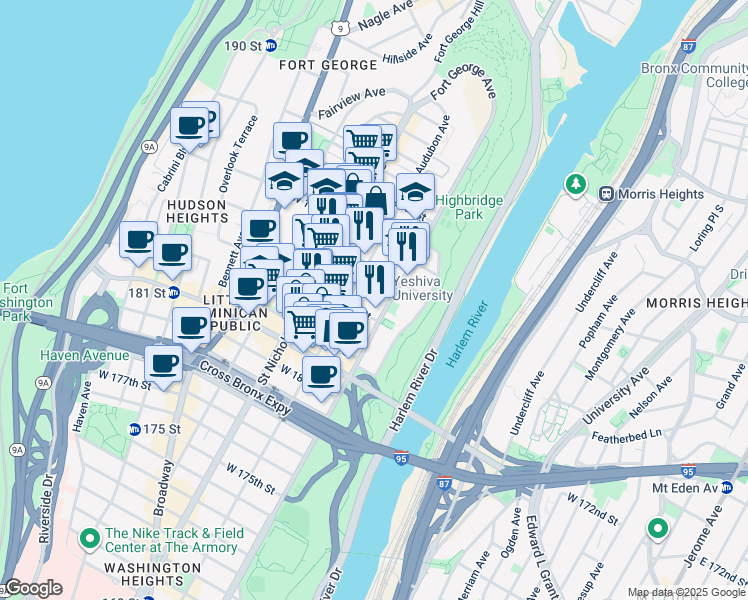 map of restaurants, bars, coffee shops, grocery stores, and more near 500 West 186th Street in New York