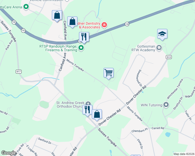 map of restaurants, bars, coffee shops, grocery stores, and more near 55 Morris Turnpike in Randolph