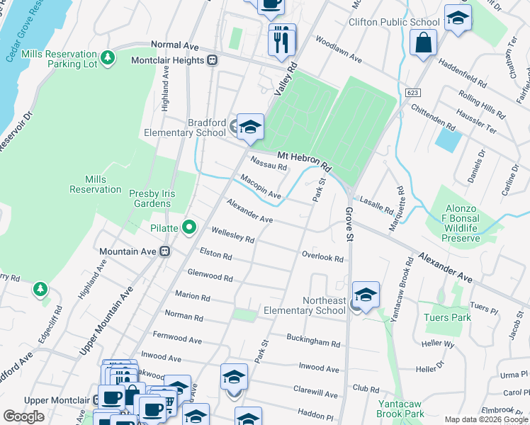 map of restaurants, bars, coffee shops, grocery stores, and more near 22 Macopin Avenue in Montclair