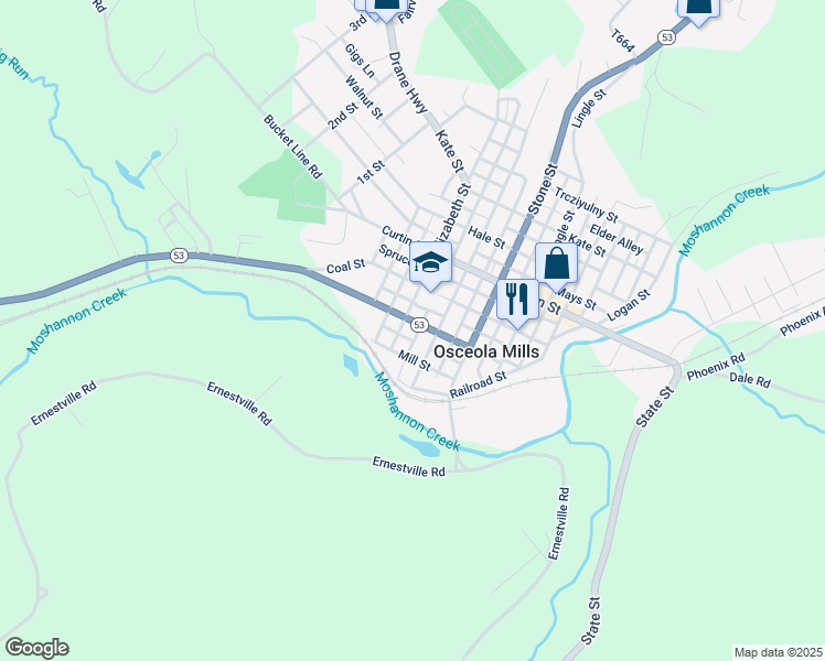 map of restaurants, bars, coffee shops, grocery stores, and more near 602 Elizabeth Street in Osceola Mills