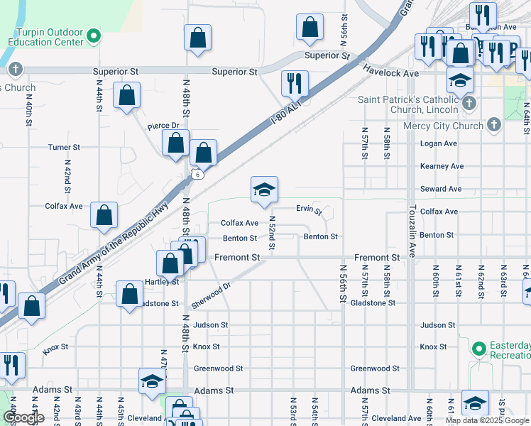 map of restaurants, bars, coffee shops, grocery stores, and more near 5130 Colfax Avenue in Lincoln
