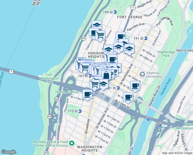 map of restaurants, bars, coffee shops, grocery stores, and more near W 181st St & Colonel Robert Magaw Pl in New York