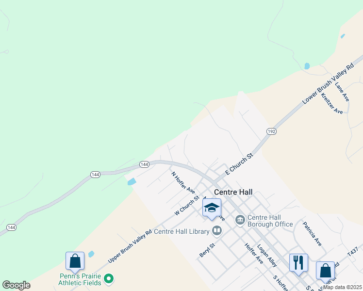 map of restaurants, bars, coffee shops, grocery stores, and more near 111 Water Street in Centre Hall