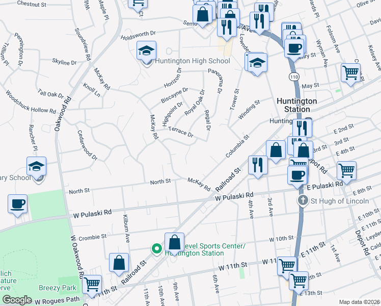 map of restaurants, bars, coffee shops, grocery stores, and more near 22 Pickwick Hill Drive in Huntington Station
