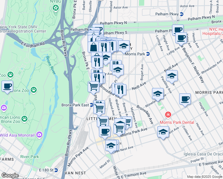 map of restaurants, bars, coffee shops, grocery stores, and more near 2019 Our Lady Of Solace Place in Bronx