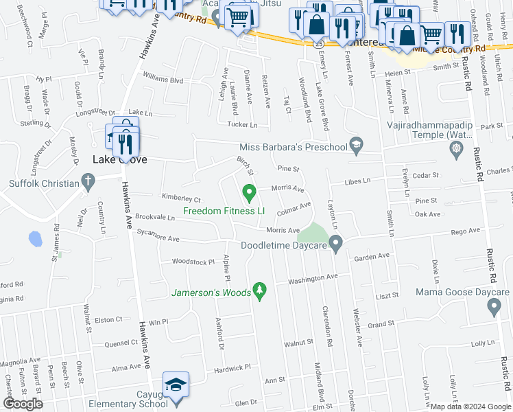 map of restaurants, bars, coffee shops, grocery stores, and more near 16 Birch Street in Lake Grove