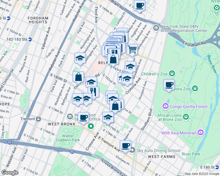 map of restaurants, bars, coffee shops, grocery stores, and more near 2183 Belmont Avenue in Bronx