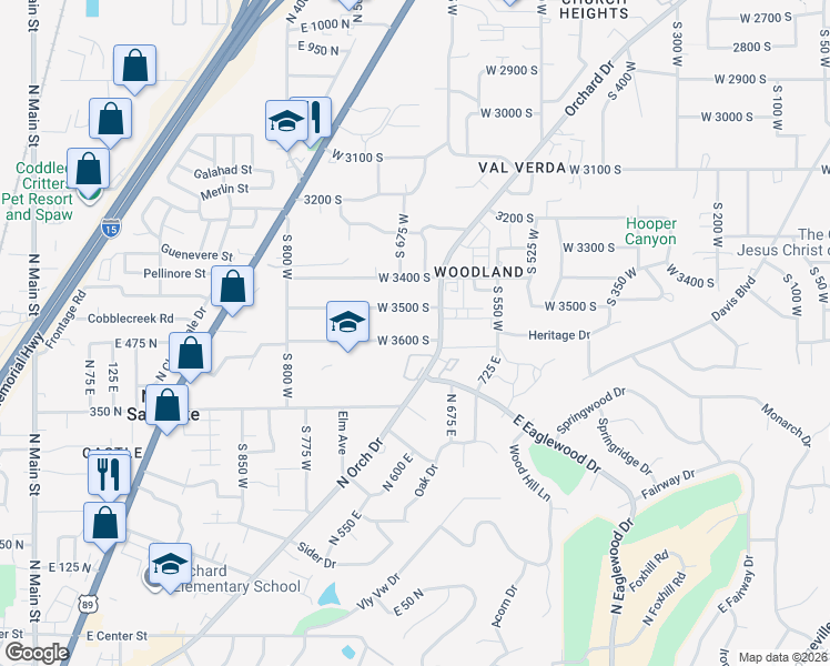map of restaurants, bars, coffee shops, grocery stores, and more near 652 West 3600 South in Bountiful