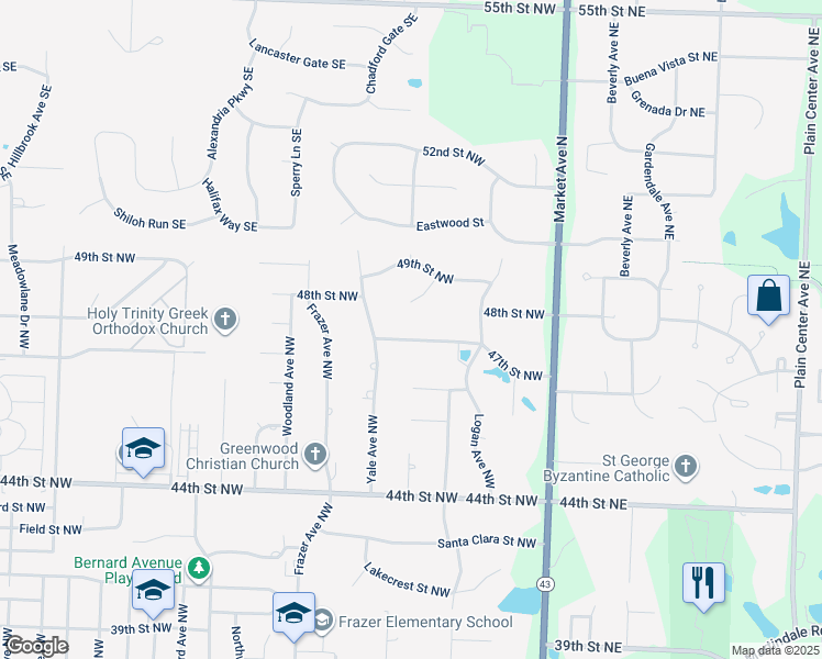 map of restaurants, bars, coffee shops, grocery stores, and more near 4808 Ellinda Circle Northwest in Canton