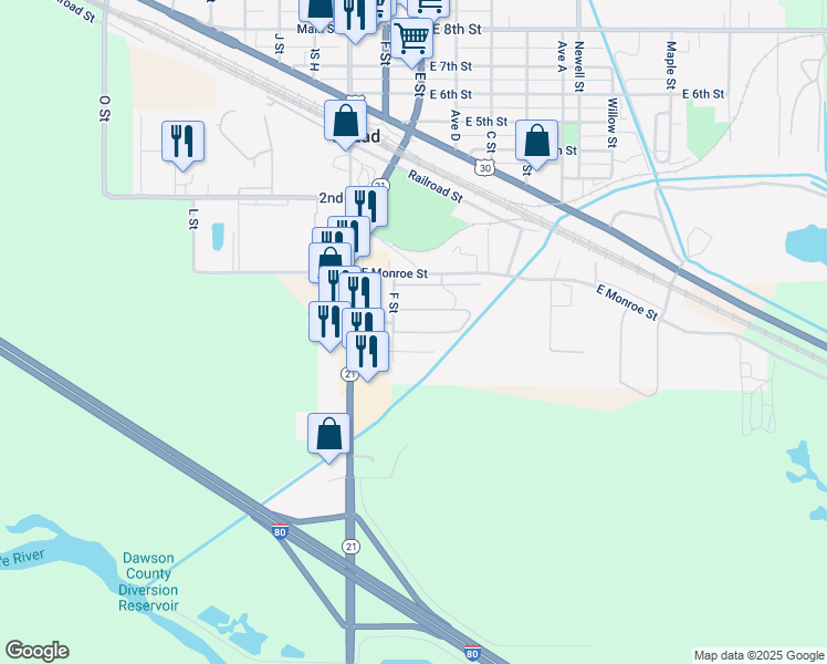 map of restaurants, bars, coffee shops, grocery stores, and more near F Street in Cozad