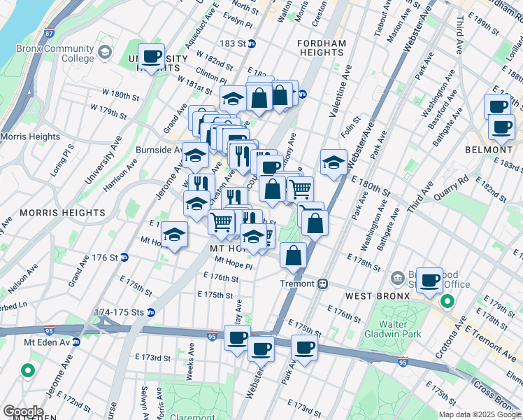 map of restaurants, bars, coffee shops, grocery stores, and more near 230 East 179th Street in Bronx
