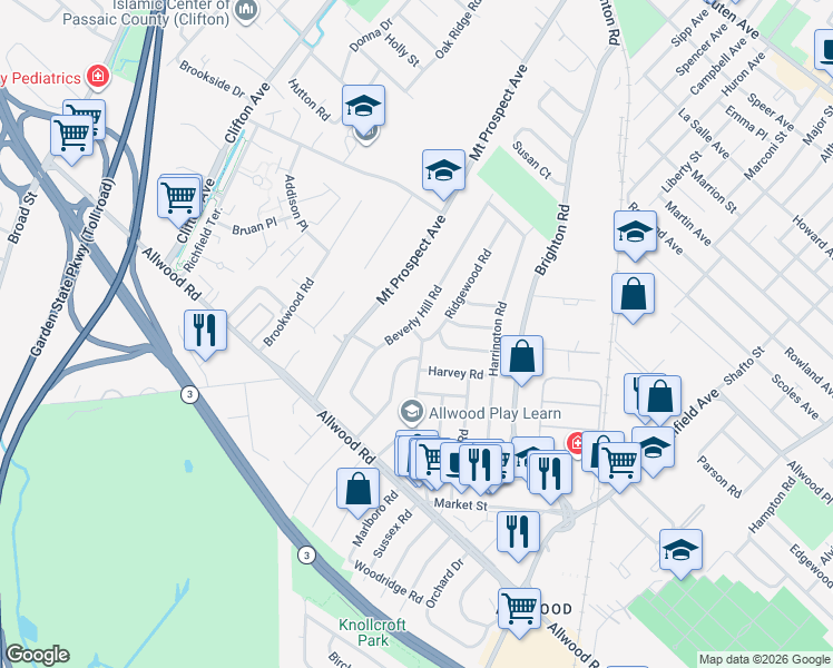 map of restaurants, bars, coffee shops, grocery stores, and more near 7 Ridgewood Road in Clifton
