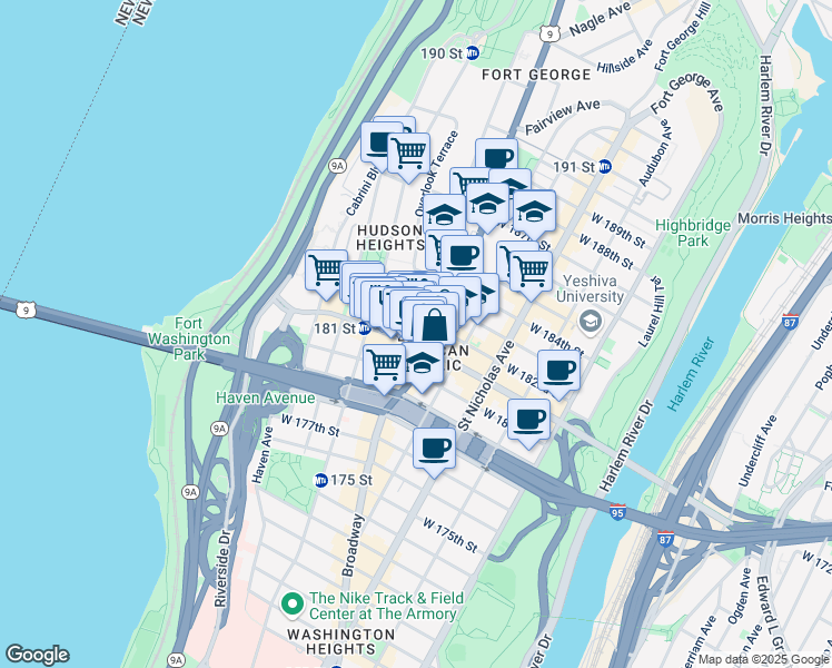 map of restaurants, bars, coffee shops, grocery stores, and more near 1 Bennett Avenue in New York