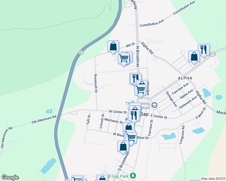 map of restaurants, bars, coffee shops, grocery stores, and more near 14 Oakwood Drive in Wind Gap